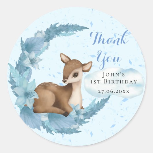 Blue Brown Little Bambi Dust Cloud Birthday Boy Runder Aufkleber (Vorderseite)
