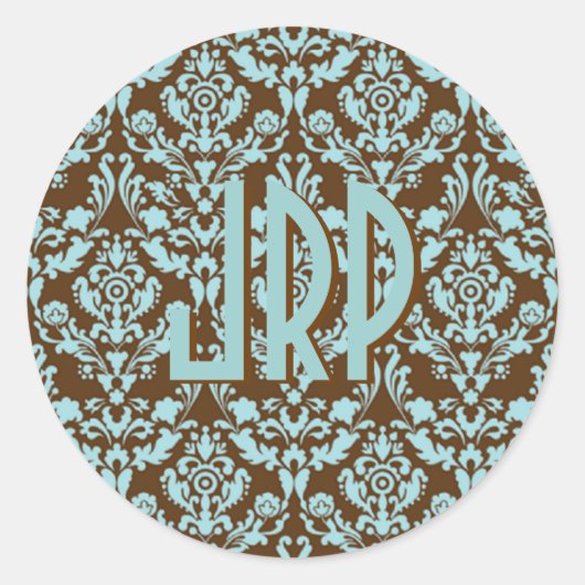 Blue & Brown Mit Monogramm Damask Runder Aufkleber (Vorderseite)