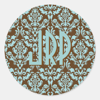 Blue & Brown Mit Monogramm Damask Runder Aufkleber