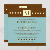 Blue Brown Monogram Art Deco Hochzeit Einladung (Vorne/Hinten)