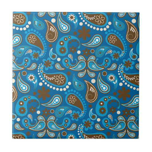 Blue Brown Paisley Floral Blume Bauer Fliese (Vorderseite)