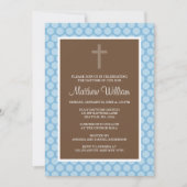Blue Brown Polka Dot Cross Boy Taufe Christening Einladung (Vorderseite)