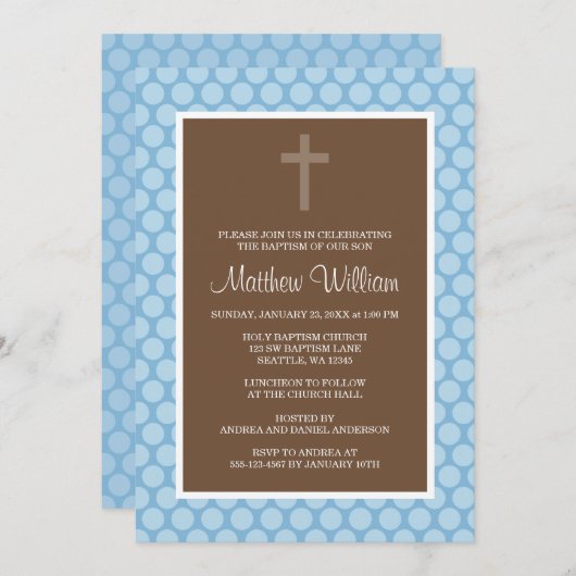 Blue Brown Polka Dot Cross Boy Taufe Christening Einladung (Vorne/Hinten)