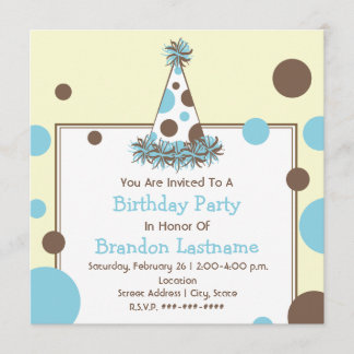 Blue & Brown Polka Dot Party Hat Geburtstag Einladung