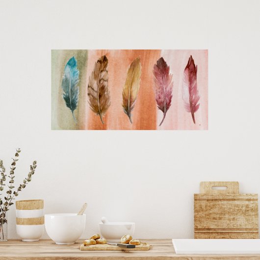 Blue Brown Red Feathers Mauer Print Poster (Küche)