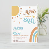 Blue Brown Retro Hier kommt die Sonne 1. Geburtsta Einladung (Stehend Vorderseite)