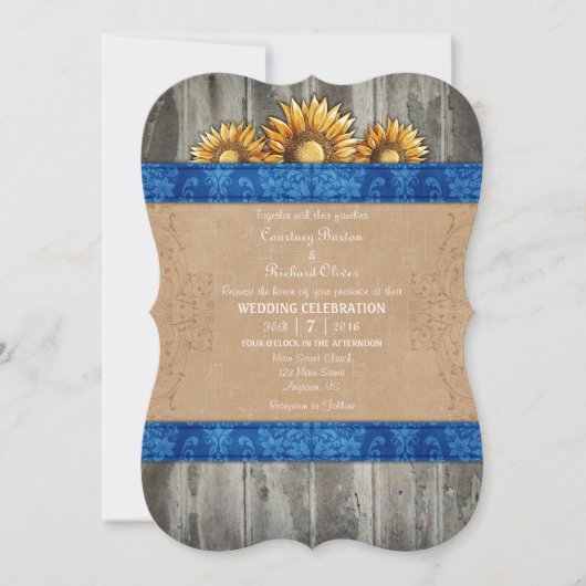 Blue Brown Rustic Sunflower Wedite Einladung (Vorderseite)