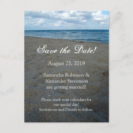 Blue Brown Sands Beach Hochzeitkarte Save the Date Ankündigungspostkarte (Vorderseite)