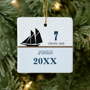 Blue & Brown Segelboot Dot Stripes Foto Ornament