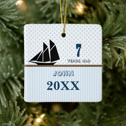 Blue & Brown Segelboot Dot Stripes Foto Ornament (Baum)