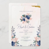 Blue Brown Simple Floral Frame Watercolor Wedding Einladung (Vorne/Hinten)