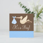 Blue Brown Stork Dots Boy Baby Dusche Einladung (Stehend Vorderseite)