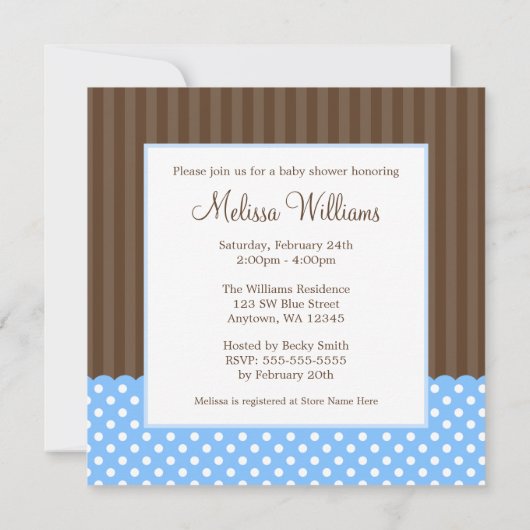 Blue Brown Stork Dots Boy Baby Dusche Einladung (Rückseite)