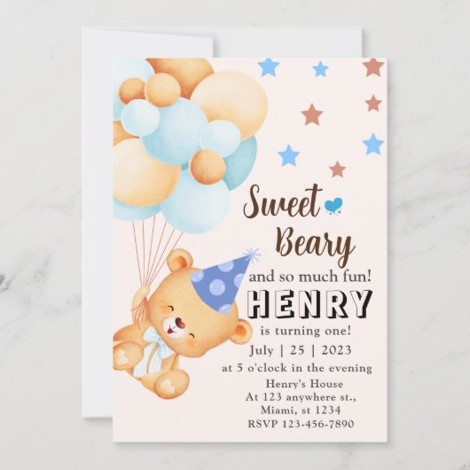 Blue Brown Sweet Bear mit Balloons Boy's Birthday Einladung (Vorderseite)