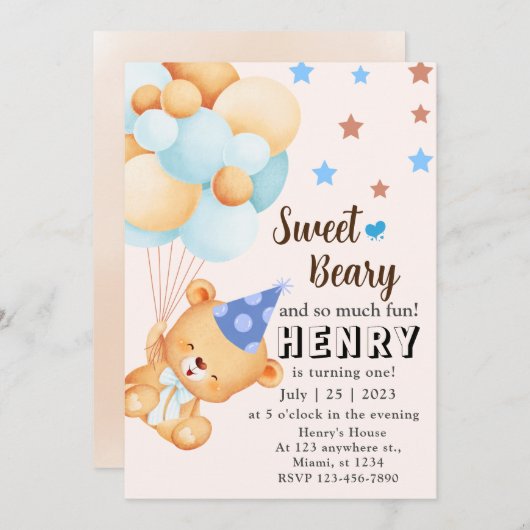Blue Brown Sweet Bear mit Balloons Boy's Birthday Einladung (Vorne/Hinten)