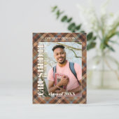 Blue Brown Tartan Karierter Abschluss Ankündigung Postkarte (Stehend Vorderseite)