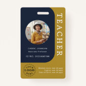 Blue Brown Teacher Name Badge with QR and Photo Ausweis (Vorderseite)