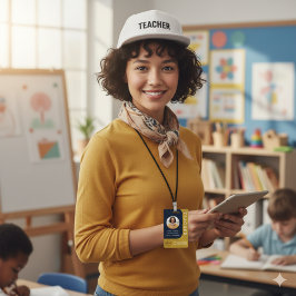 Blue Brown Teacher Name Badge with QR and Photo Ausweis