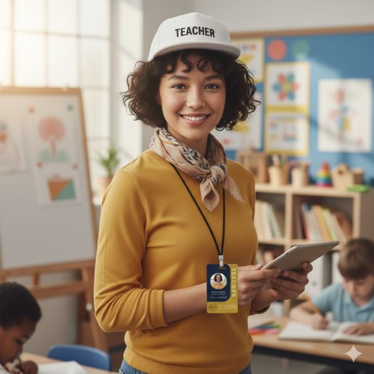 Blue Brown Teacher Name Badge with QR and Photo Ausweis