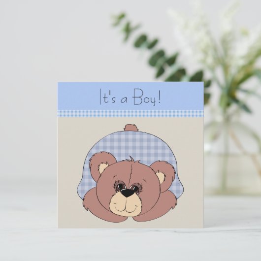 Blue Brown Teddy Bear Baby Boy Dusche Einladung (Stehend Vorderseite)