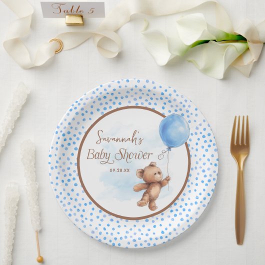 Blue Brown Teddy Bear Baby Shower Paper Plate Pappteller (Hochzeit)
