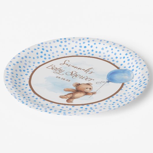 Blue Brown Teddy Bear Baby Shower Paper Plate Pappteller (Schrägansicht)