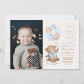Blue Brown Teddy Bear Balloons Birthday Boy Foto Einladung (Vorderseite)