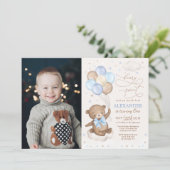 Blue Brown Teddy Bear Balloons Birthday Boy Foto Einladung (Stehend Vorderseite)