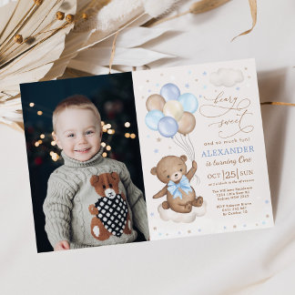 Blue Brown Teddy Bear Balloons Birthday Boy Foto Einladung