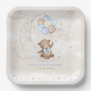 Blue Brown Teddy Bear Balloons Moon Stars Baby Boy Pappteller
