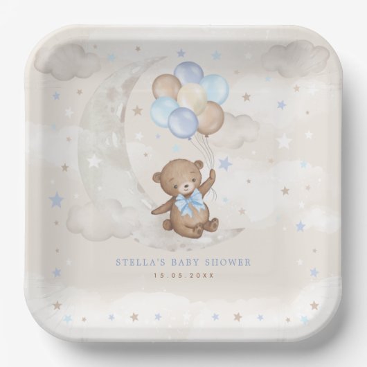 Blue Brown Teddy Bear Balloons Moon Stars Baby Boy Pappteller (Vorderseite)