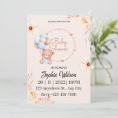 Blue Brown Teddy Bear mit Balloons Baby Dusche Einladung (Stehend Vorderseite)
