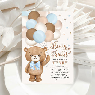 Blue Brown Teddy Bear mit Balloons Boy Birthday I Einladung