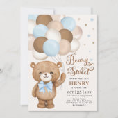 Blue Brown Teddy Bear mit Balloons Boy Birthday I Einladung (Vorderseite)