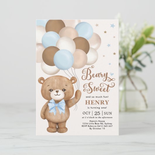 Blue Brown Teddy Bear mit Balloons Boy Birthday I Einladung (Stehend Vorderseite)
