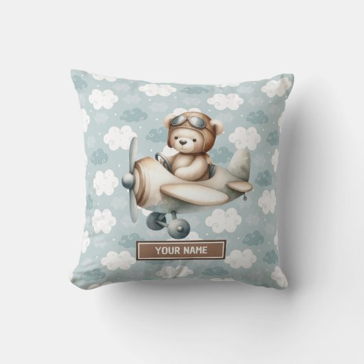 Blue Brown Teddy Pilot Pillow Custom Baby Boy Gesc Kissen (Vorderseite)