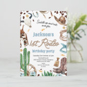 Blue Brown Western First Rodeo 1. Geburtstag Einladung (Stehend Vorderseite)