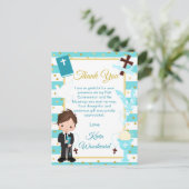 Blue Brünett Boy First Communation Danke Postkarte (Stehend Vorderseite)