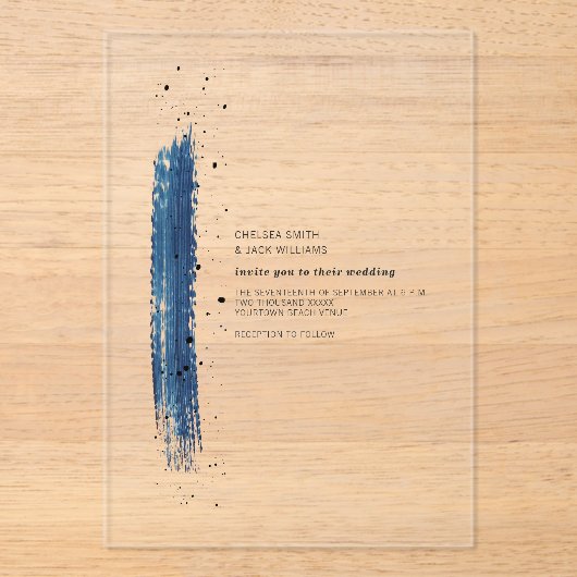 Blue Brush Stroke Wedding Acryleinladungen (Vorderseite)