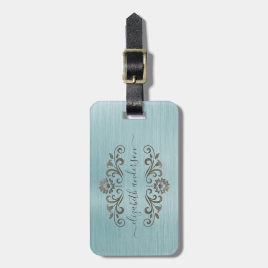 Blue Brushed Metal Monogram Name Script Gepäckanhänger (Vorderseite vertikal)