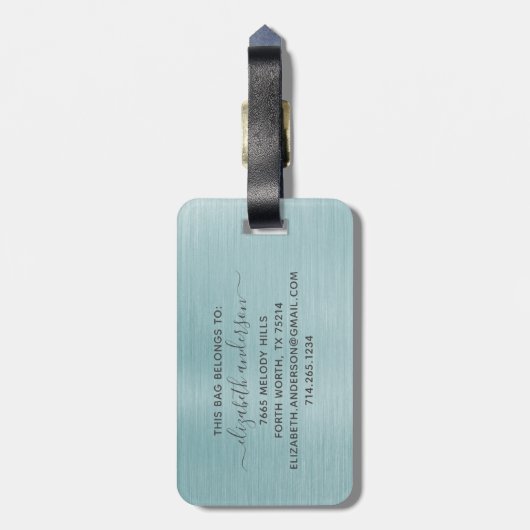 Blue Brushed Metal Monogram Name Script Gepäckanhänger (Rückseite vertikal)