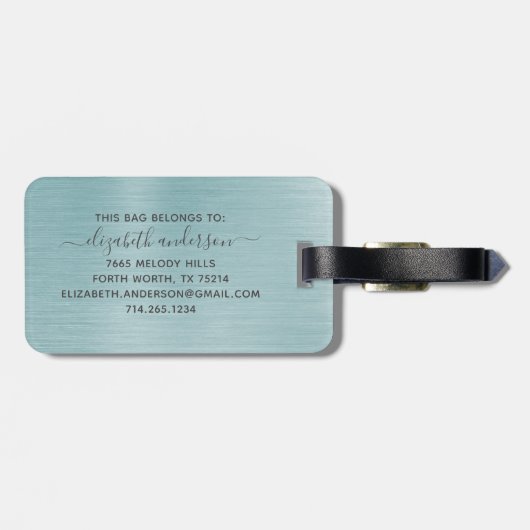 Blue Brushed Metal Monogram Name Script Gepäckanhänger (Rückseite horizontal)