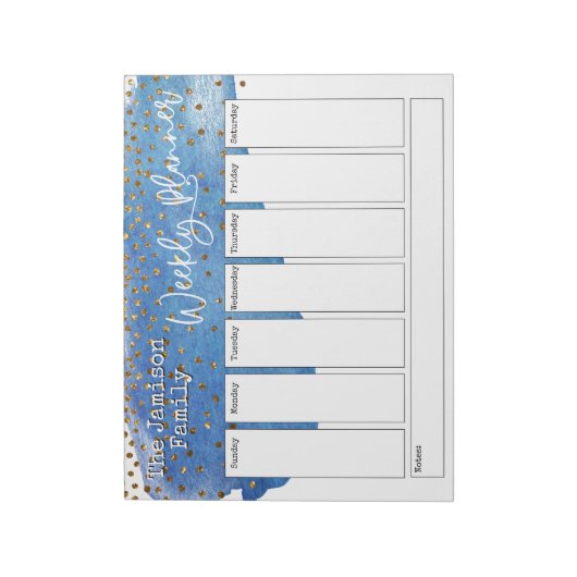 Blue Brushstroke Gold Confetti Weekly Planner Notizblock (Rotiert)