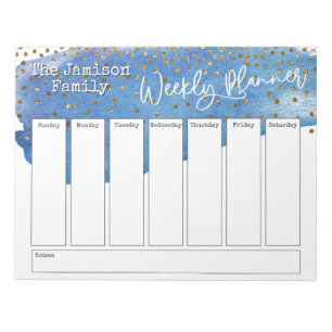 Blue Brushstroke Gold Confetti Weekly Planner Notizblock