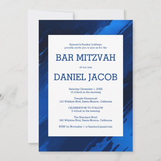 Blue Brushstrokes Custom Foto BAR BAT MITZVAH Einladung (Vorderseite)