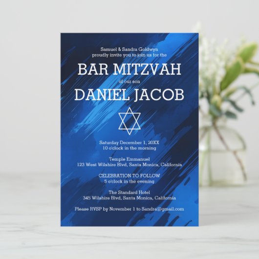 Blue Brushstrokes Star Custom BAR BAT MITZVAH Einladung (Stehend Vorderseite)