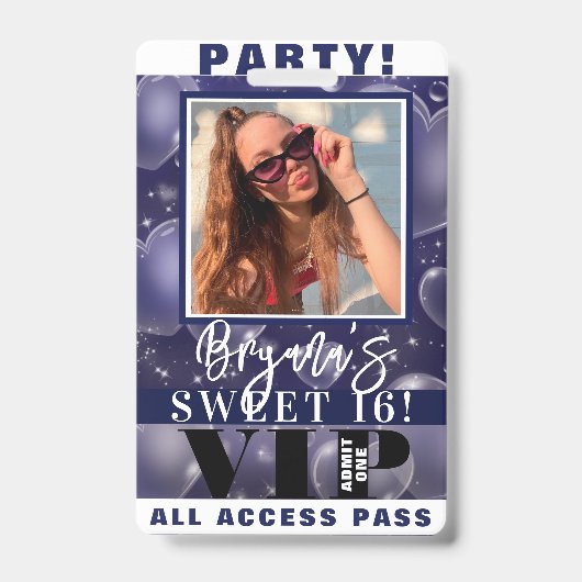 Blue Bubble Hearts Geburtstagsparty VIP Pass Abzei Ausweis (Vorderseite)