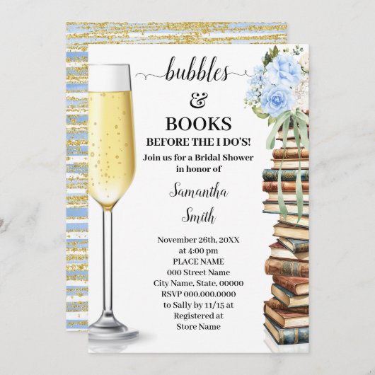 Blue Bubbles & Books Before I do Bridal Shower Einladung (Vorne/Hinten)
