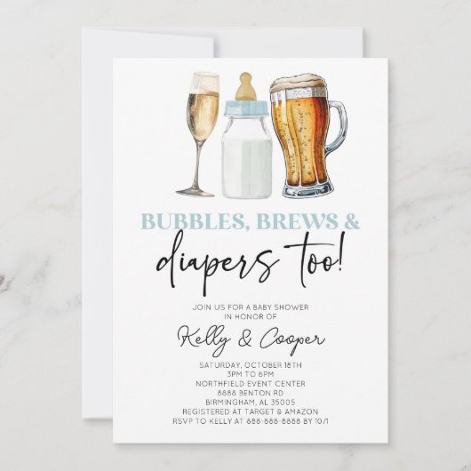Blue Bubbles Brews und Diapers auch! Babyparty Einladung (Vorderseite)
