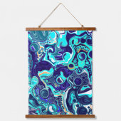 Blue Bubbles Digital Fluid Art Hangband Wandteppich Mit Holzrahmen (Vorderseite)